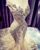 2022 Lüks Altın Gece Elbiseleri Dantel Kristal Boncuklar Sequin Süpürme Treni Resmi Gelin Pageant Balo Gowns Özel Made