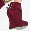 Sorbern Stivaletti rosso vino Zeppa Scarpe con plateau con tacco alto Donna Taglie forti Stivali punk con tacco comodo Stivali con plateau neri