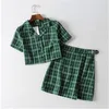 Women Vintage Plaid Two Piece Dress Designer Female Shirts Skirt 2Pcs Suits Short Lapel Top Shirt Mini Waist Skirts Matching Sets Outfits