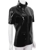 Unisexe nouveauté métallique Hipster PVC faux cuir col montant manches courtes devant Zip Up T-shirt Fashion Night Club Tops