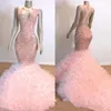 Real Image Vintage Pink Mermaid Prom Dresses Long V Neck Tiered Ruffles Skirt Event Lace Applique Evening Dress Party Gowns