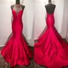 Sexy High Neck Mermaid Prom Dresses Red Color Satin Pearls Beads Sequin Open Back Special Occasion Dress Evening Gowns Plus Size Vestido De