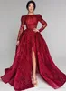 2020 Sparkly Prom Dresses Pailletten Kant Lange Mouw Backless Sweep Train Avond Party Red Carpet Toga Vestidos de Fiesta BC0652