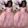 女の子のページェントのドレス女の子のガウン2019幼児の赤面ピンクの子供のボールガウンの床の長さGlitzフラワーガールドレスのためのウェディングレース