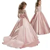 New Flower Girls Dresses Kids Lace Long Sleeves Stain Party Wedding Dress with Big Bow Formal Children Ball Gown