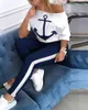 Women 'S Printing Dyeing Loose Lady Anchor Short -Sleeved Round Neck T -Shirt Stripe Pants Workout Sports Tracksuit Casual Set Size S-XL