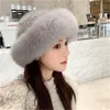 Женская элегантная Зимняя настоящая натуральная норковая шапка вязаная шапочка наушники W Real Fox Fur Brim Cap