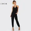 Colrovie 우아한 블랙 홀터 jumpsuit surplice 캐주얼 여성 셀프 타이 V 넥 점프 슈트 패션 뜨거운 섹시한 백리스 jumpsuit t5190612