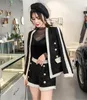 Aihuyigui Black White Tweed Set Winter Women Buttons V-Neck High Street Blazer + Woolen Shorts 2 Piece Set V041