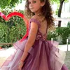 Kleid Prinzessin Ball Blumenkleider für Hochzeit Spitze appliziert Perlen Mädchen Festzug Kurzarm formelles Kommunionkleid