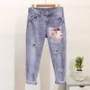 2019 Summer Women Beading Cartoon Pig T Shirts Jeans Suits Casual Short Sleeve Sequins Tshirt + Calf-Length Hole Denim Pants Set