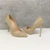 Casual Designer Fashion Women Shoes Gold Glitter Spikes Point Toe Stiletto Stripper Slingback Höga klackar för Prom Evening Pumps Stor storlek 44 12cm