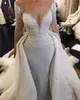 2024 Luxury Full Pearl Beaded Mermaid Wedding Dresses With Detachable Train Vintage Long Sleeves Saudi Arabic Plus Size Bridal Gown