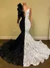 2020 Czarno-białe Syrenki Suknie Wieczorowe Wysokiej szyi Cekiny Appliqued Lace Court Train Party Dress Custom Make Formal Evening Suknia