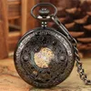 Steampunk Vintage Black Pocket Watch Men Women Hand-winding Mechanical Watches Hollow Out Case with Pendant Chain reloj de bolsillo