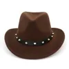 Unisex Das Mulheres Dos Homens de Lã Panamá Chapéus Tampas de Cowboy Ocidental Rolo Brim Sombrero De Feltro De Lã Fedora Trilby Rebite de Couro Decorado