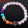 Wojiaer 8mm naturlig roskvarts sten runda pärlor palmsträngar armband 7 chakra helande mala meditation bön yoga kvinnor smycken k3259