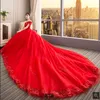 Robe de Mariage 2019 Red Tulle Ball Gown Princess Bröllopsklänning Appliques Beaded Crystals Plus Storlek Coret Bride Klänning Bästsäljande 2019