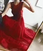 Red Prom Dresses A-line Red Tulle Long Formal Party Gown 2020 Sheer Neck Sleeveless Beaded Lace Appliques Cut Out Lace-up Back
