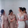 Pembe Hi-Lo Bir çizgi nedime elbise uzun kollu mücevher boyun dantel aplike parti gece önlükleri aso ebi artı onur elbisesi resmi al4366