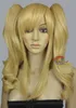 Peluca de cosplay rubia beige resistente al calor de 18 pulgadas con coletas con clip