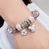 Pandora Silver Plated DIY Charm Angel Peach Heart Pendant 팔찌를위한 새로운 분홍색 크리스탈 구슬 팔찌 고급 디자이너 원본 상자