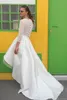 Hi New Beach Lo Puffy Tulle Wedding Dresses White V Neck Sheer 3/4 Sleeves Sweep Train for Bridal Gowns with Covered Buttons Vestidos estidos