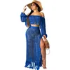 2020 Slash Neck Knit Two Piece Sets Women Tassels Crop Top And Skirt Set Sexy Crochet Beach Wear 2 Piece Summer Outfit