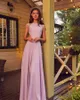 Light Purple Evening Dresses Sheer Jewel Neck Short Sleeve Satin Prom Dress Backless Lace Appliqued Formal Long Party Gowns