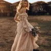 Affascinante pizzo primavera scollo a V abiti da sposa da giardino Boho Bohemian manica lunga Sheer arabo Plus Size vestido de noiva abito da sposa B236W