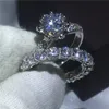 Vecalon Classic Flower Promise Ring Sets Diamond CZ Stone 925 Sterling Silver Engagement Bröllop Band Ringar för Kvinnor Män Smycken