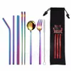 8pcs / set Taşınabilir Çatal Seti 304 Paslanmaz Çelik Bıçak Takımı Chopsticks Çatal Kaşık Straw Taşınabilir Sofra T2I5725 ayarlar