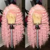 10A Kvalitet Perruque Deep Curly Pink Full Lace Front Pärlor Transparent Naturlig Hårlinje Simulering Mänskliga Hår Paryk för Kvinnor