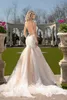 Naama Anat Champagne Mermaid Wedding Dresses Deep V Neck Illusion Back Appliques Beads Lace Sweep Train Wedding Dress Bridal Gowns