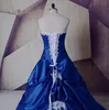 Wit en Royal Blue A Line Trouwjurk 2019 Kant Applicaties Taffeta Bridal Toga Kralen Custom Made Corset Back Gothic Bruid Draag