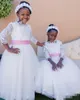 Weiße Blumenmädchen Kleider rosa Band Langarm Spitze Applikat Tüll bodenlange maßgeschneiderte kleine Mädchen Geburtstagsfeier Gown Formale Wea