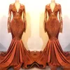 Modest Orange V Neck Prom Dresses Long Illusion Sleeves Lace Applique Plunging Elastic Satin Mermaid Formal Occasion Wear Evening Party Gown