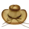 Mode Unisex Mannen Vrouwen Bruin Spray Verf Papier Stro Cowboy Hats 2019 Zomer Outdoor Grote Bravel Sunhat Lederen Band Decor
