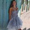 Sequined Short Party Dresses Strapless MINI Billiga Prom Klänning Tiered Tulle Custom Made Cocktail Evening Gowns Club Wear Vestidos formales