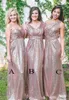 Billiga Rose Gold Long Bridesmaid Dress 2019 Sequins Summer Country Garden Formell Bröllopsfest Gästrum Maid of Honor Gown Plus Size Custom Made