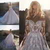 Blush Pink Bohemian Wedding Dresses Sheer Neck A Line Long Sleeve Bridal Gowns Lace Appliques Beach Wedding Dress