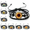 Zonnebloem tijd edelsteen lederen gevlochten armband zwarte multilayer gevlochten wax touw armband voor vrouwen man sieraden