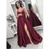 Bourgogne Aftonklänningar Elegant Prom Klänning Med Slit 2021 Kvinnor Satin Formell Party Gown Robe Soiree Vestido de Festa