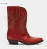 2019 Moda Kobiety Buty Blok Heel Haft Buty Kobiety Czerwone Skórzane Buty Ladies Mujer Botas Party Shoes Western Botki