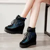 Stövlar US4-11 Womens Platform Squins Bling Stitching Suede Läder Ankel Wedge Hidden Heel Shoes Casual Black Blue Red Plus Storlek1