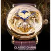 Forsining 2018 Royal Golden squelette affichage bleu mains marron véritable ceinture en cuir hommes montres mécaniques horloge mâle