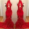 2019 Czerwona Mermaid Prom Dresses High Neck Keyhole Kwiaty Ruffles Rose Evening Suknie Plus Size Party Dress Cooktail Pagewant Suknia