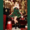 Free Size Erwachsene Frauen Weihnachtsbaum Kostüm Cape Hut Set Lagen A-Linie Minikleid mit weißem Flauschbesatz und Sternenkugeln Cosplay Outfit