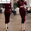 Women Winter Sweater Knitted long red Dresses Slim Elastic Turtleneck Long Sleeve Sexy Lady Bodycon Robe Dresses whole CJ19120284H