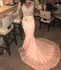 2019 New Arrival Pink Mermaid Evening Dresses High Neck Long Sleeves Satin Lace Appliques Beaded Sweep Train Plus Size Prom Party Gowns